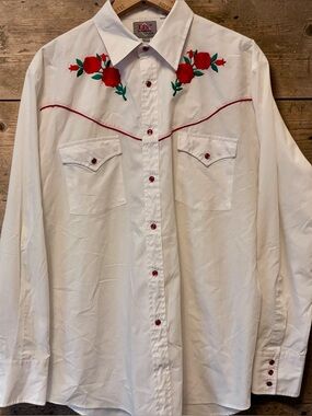Vintage Ely Diamond Western Shirt Mens Large White Pearl Snap Embroidered Rose